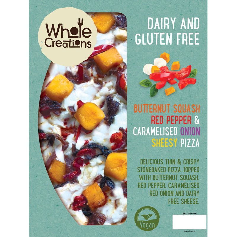 Buy Vegan Food Online | UK Delivery, Thin & Crispy Stonebaked Dairy Gluten Free Pizza Base, butternut squash, red pepper, caramelised onion and dairy free sheese